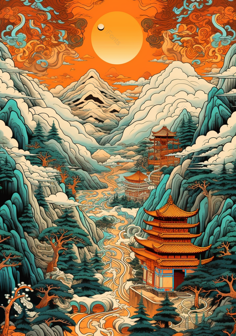 国风国潮风山水插画日出日落太阳光下的山峰树木和古风建筑山水背景,插画/手绘图,插画/手绘图库,插画/手绘图下载,插画/手绘